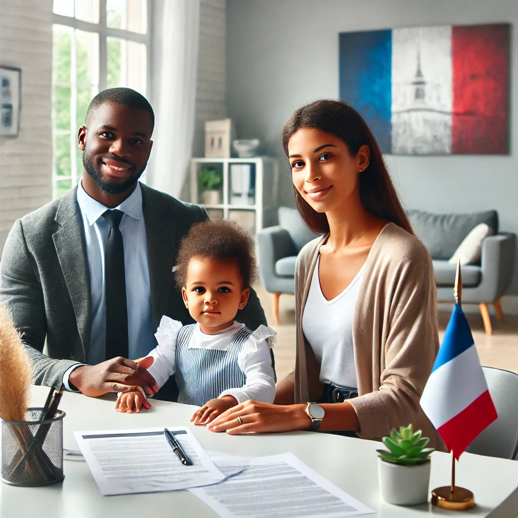 Dall·e 2024 11 05 14.06.03 a professional and hopeful scene in a modern office with a black family, including a father, mother, and young child, looking to obtain their residenc